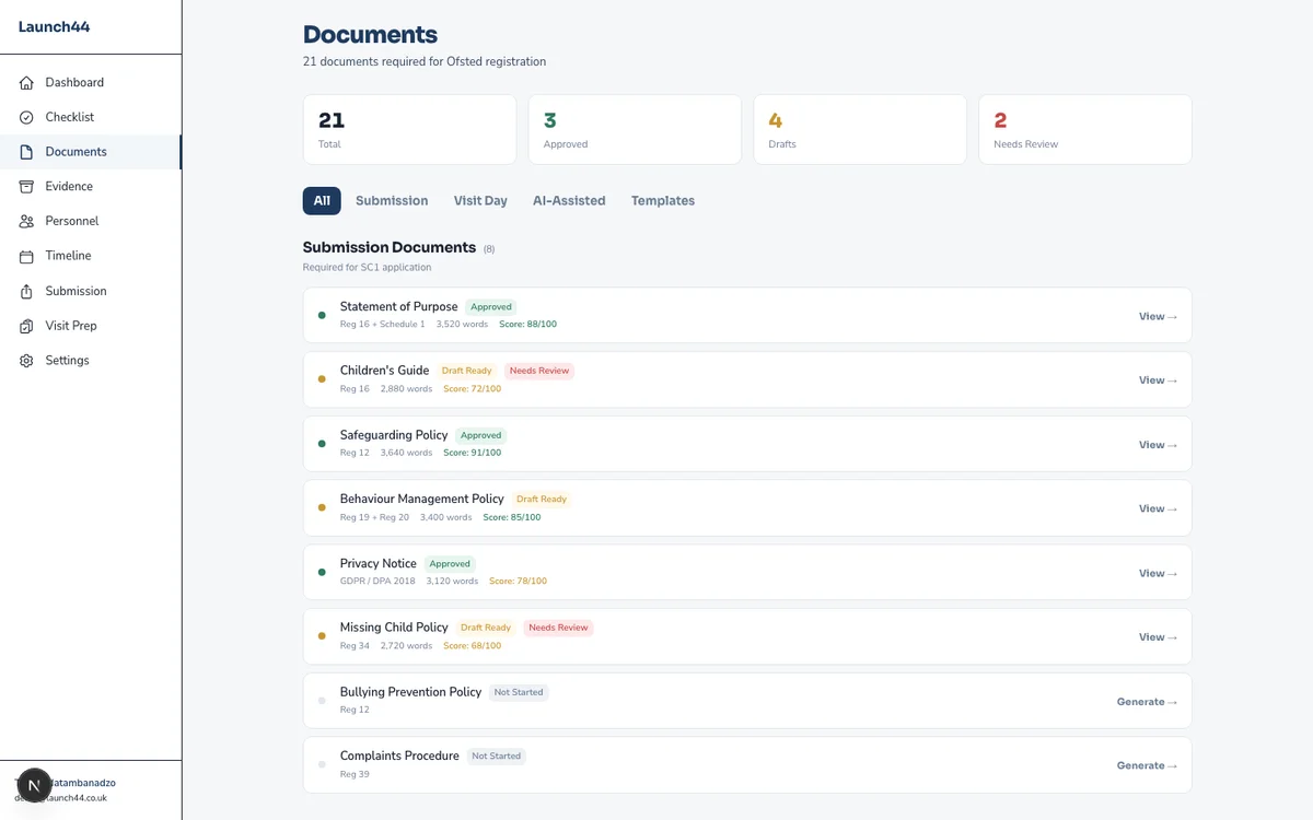 Launch44 document hub showing generated policies