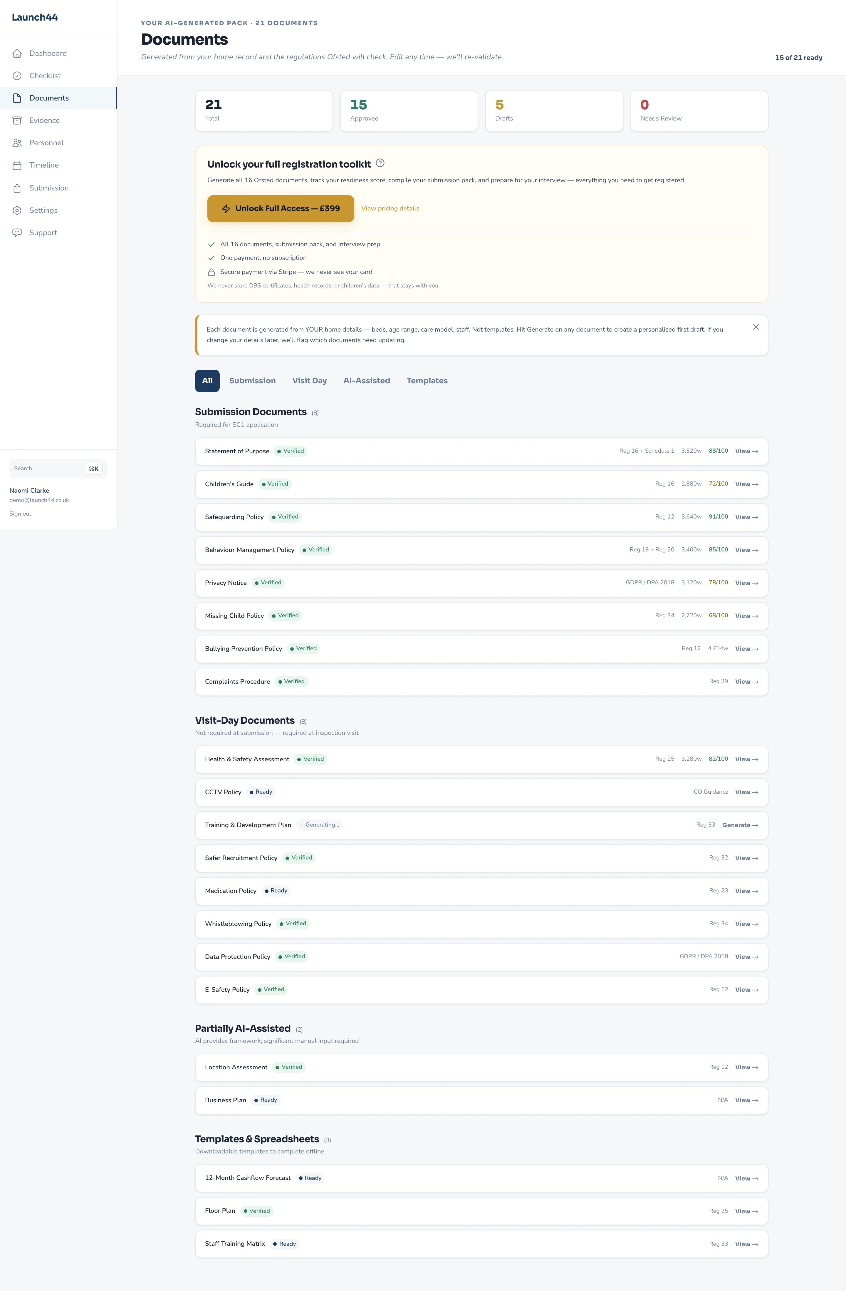 Launch44 document hub: the full 21-document pack with Verified / Ready / Generating statuses, regulation references and validation scores